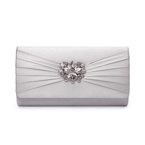 8941 M102 Silver Evening Bags Pleated Satin Rhinestone Brooch Prom Clutch